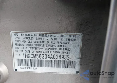 2004 Honda Accord 2.4 Lx from USA, damaged, VIN 1HGCM56304A024932